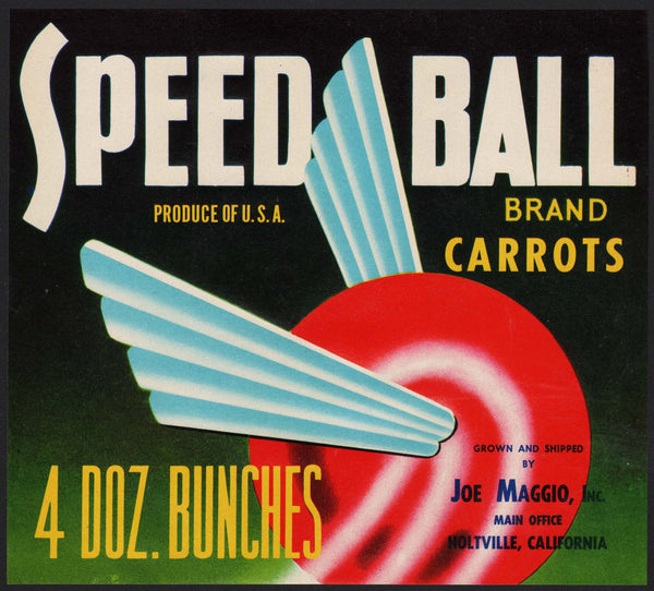 Vintage label SPEED BALL CARROTS fruit crate Joe Maggio Holtville California