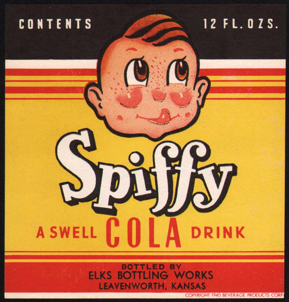 Vintage soda pop bottle label SPIFFY COLA boys face pictured 1940 Leavenworth Kansas