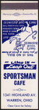 Vintage matchbook cover SPORTSMAN CAFE with a cartoon bull pictured Warren Ohio