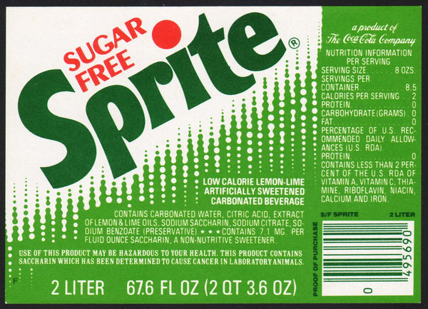 Vintage soda pop bottle label SPRITE SUGAR FREE The Coca Cola Company Saccharin