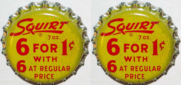 Soda pop bottle caps SQUIRT 6 for 1 cent Lot of 2 cork lined new old stock