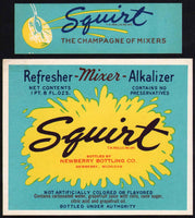Vintage soda pop bottle label SQUIRT blue and yellow splash logo Newberry Michigan