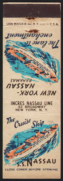 Vintage matchbook cover S S NASSAU Cruise Ship Incres Nassau Line New York NY
