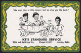 Vintage playing card IKES STANDARD SERVICE gas oil men in car Lincoln Nebraska