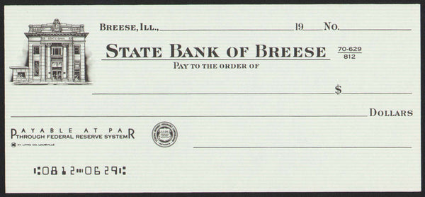 Vintage bank check STATE BANK OF BREESE Illinois bank pictured new old stock n-mint+