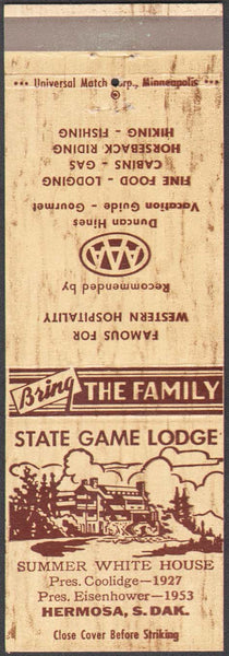 Vintage matchbook cover STATE GAME LODGE Summer White House Hermosa South Dakota