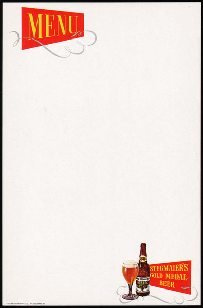 Vintage menu STEGMAIERS GOLD MEDAL BEER bottle and glass pictured unused n-mint+