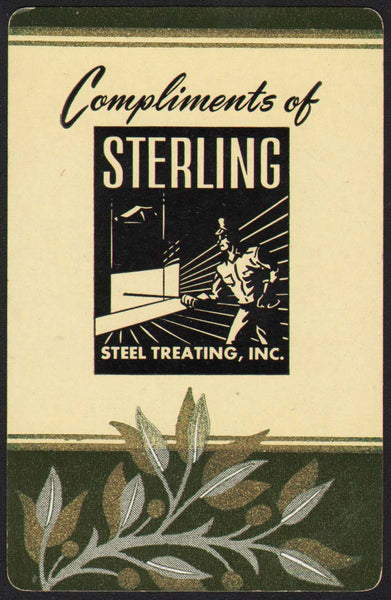 Vintage playing card STERLING STEEL TREATING yellow background Detroit Michigan