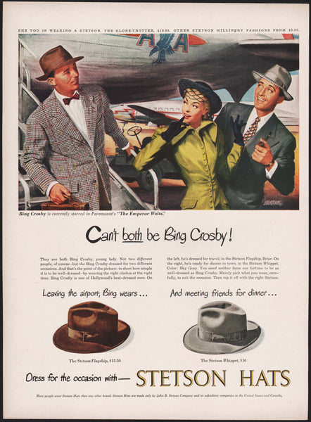 Vintage magazine ad STETSON HATS from 1948 Bing Crosby Slayton Underhill art