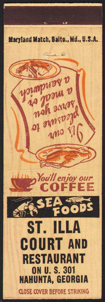 Vintage matchbook cover ST ILLA COURT and RESTAURANT Sea Foods Nahunta Georgia