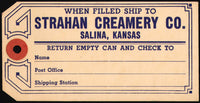 Vintage cream can tag STRAHAN CREAMERY Salina Kansas unused new old stock n-mint