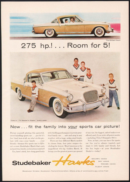 Vintage magazine ad STUDEBAKER HAWKS from 1956 Golden Hawk two door sports car