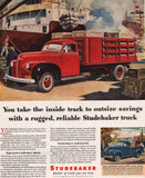 Vintage magazine ad STUDEBAKER red and blue trucks 1947 Frederic Tellander art