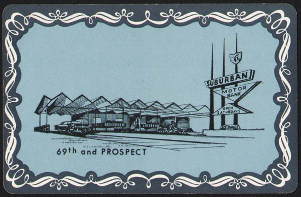 Vintage playing card SUBURBAN MOTOR BANK blue background Kansas City Missouri