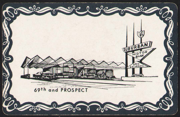 Vintage playing card SUBURBAN MOTOR BANK white background Kansas City Missouri