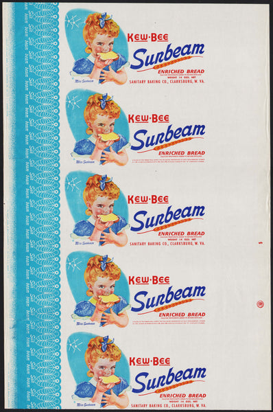 Vintage bread wrapper SUNBEAM KEW BEE dated 1942 Miss Sunbeam girl Clarksburg WV