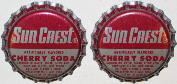 Soda pop bottle caps SUN CREST CHERRY Lot of 2 plastic lined new old stock