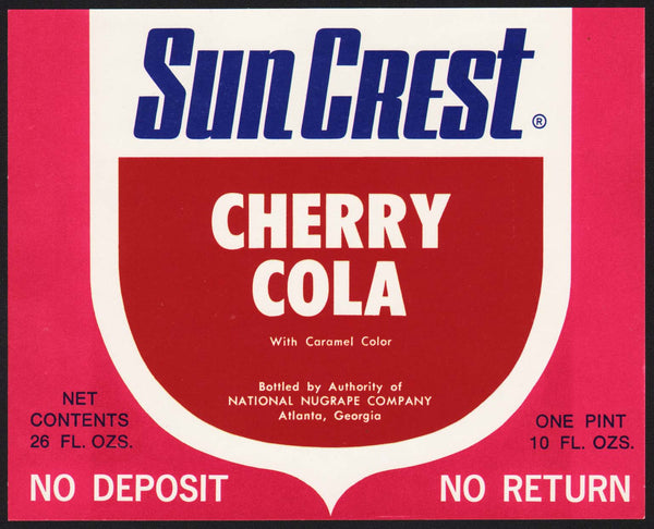 Vintage soda pop bottle label SUN CREST CHERRY COLA No Deposit No Return n-mint+