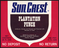 Vintage soda pop bottle label SUN CREST PLANTATION PUNCH No Deposit No Return