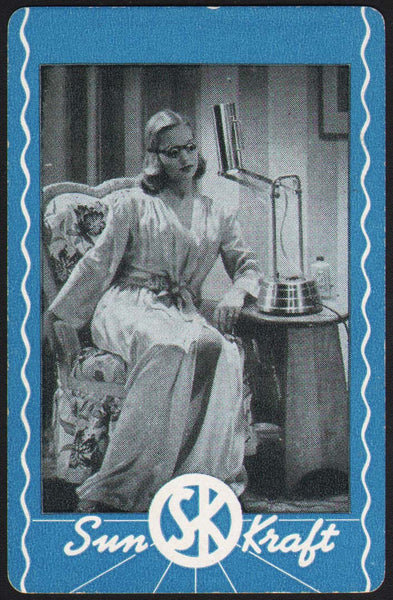 Vintage playing card SUN KRAFT lamp blue background woman pictured Chicago ILL