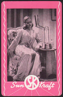 Vintage playing card SUN KRAFT lamp pink background woman pictured Chicago ILL