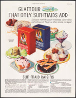 Vintage magazine ad SUN MAID RAISINS from 1933 picturing the boxes and foods