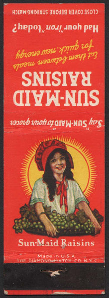 Vintage matchbook cover SUN MAID RAISINS picturing the Sun-Maid raisin girl