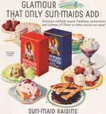Vintage magazine ad SUN MAID RAISINS from 1933 picturing the boxes and foods