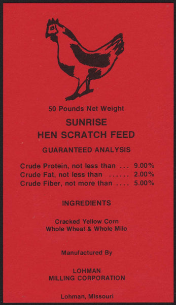 Vintage card SUNRISE HEN SCRATCH FEED chicken pictured Lohman Milling Missouri