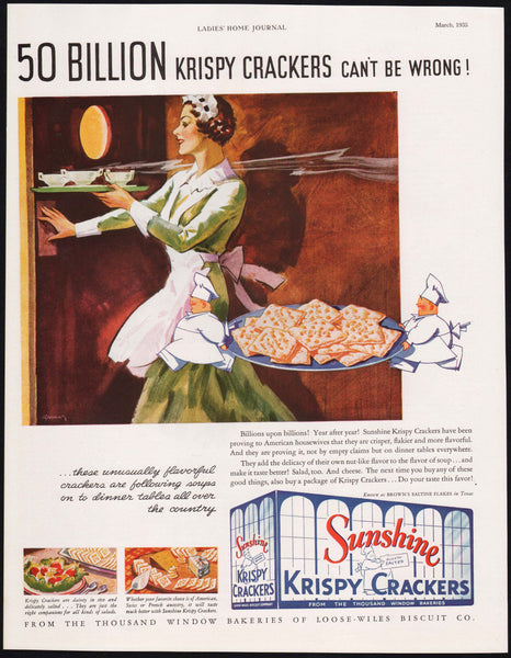 Vintage magazine ad SUNSHINE KRISPY CRACKERS from 1935 woman baker 50 Billion