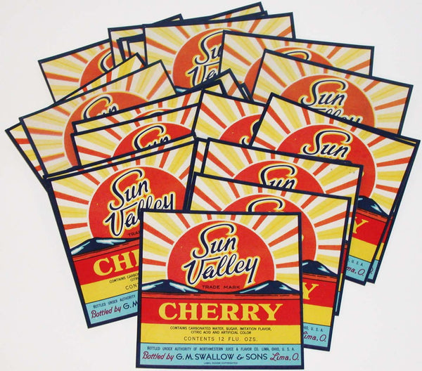 Vintage soda pop bottle labels SUN VALLEY CHERRY Lima Ohio Lot of 25 unused n-mint