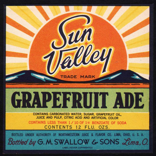 Vintage soda pop bottle label SUN VALLEY GRAPEFRUIT Swallows Lima Ohio n-mint+