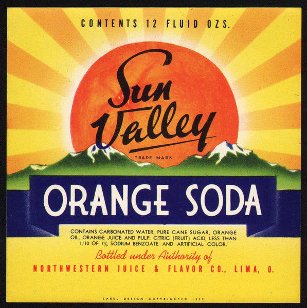 Vintage soda pop bottle label SUN VALLEY ORANGE SODA dated 1939 Lima Ohio n-mint