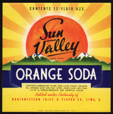 Vintage soda pop bottle label SUN VALLEY ORANGE SODA dated 1939 Lima Ohio n-mint