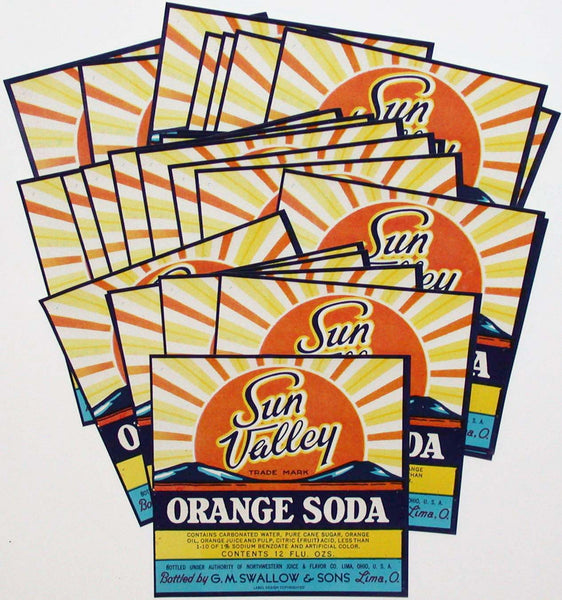 Vintage soda pop bottle labels SUN VALLEY ORANGE Lima Ohio Lot of 25 unused n-mint