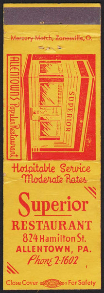 Vintage matchbook cover SUPERIOR RESTAURANT entrance pictured Allentown Pennsylvania