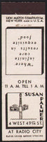 Vintage matchbook cover SUSAN PALMER restaurant Radio City New York Lion Midget