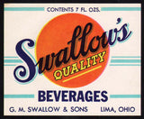 Vintage soda pop bottle label SWALLOWS BEVERAGES 7oz Lima Ohio new old stock