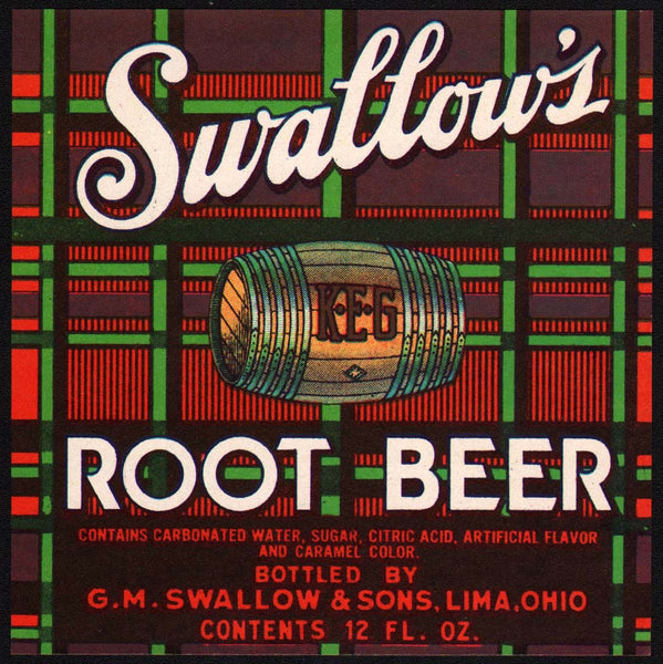 Vintage soda pop bottle label SWALLOWS ROOT BEER Lima Ohio new old stock n-mint+