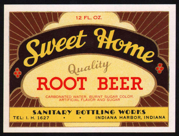 Vintage soda pop bottle label SWEET HOME ROOT BEER Indiana Harbor unused n-mint+