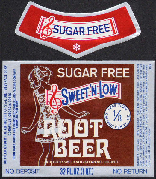 Vintage soda pop bottle label SWEET N LOW ROOT BEER woman pictured Georgia n-mint+
