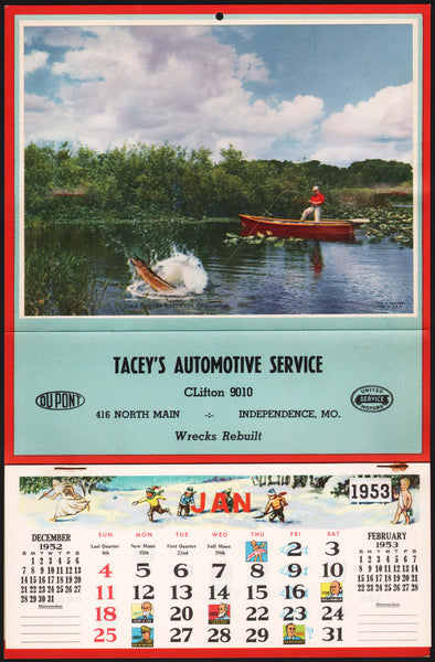 Vintage calendar TACEYS AUTOMOTIVE fishing United Motors 1953 Independence MO