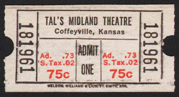 Vintage ticket TALS MIDLAND THEATRE Coffeyville Kansas new old stock n-mint