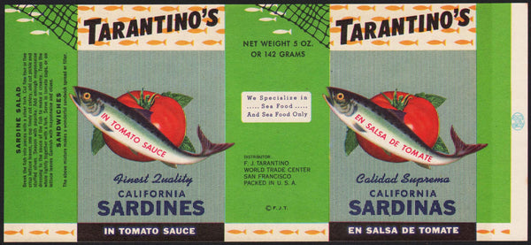 Vintage label TARANTINOS California Sardines World Trade Center San Francisco