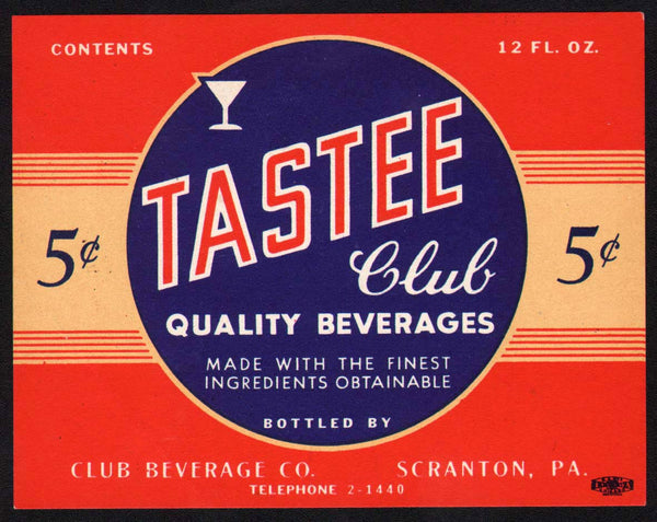 Vintage soda pop bottle label TASTEE CLUB BEVERAGES 5 cents Scranton PA unused