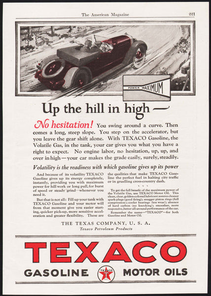 Vintage magazine ad TEXACO GASOLINE MOTOR OILS from 1923 Up the hill in high car