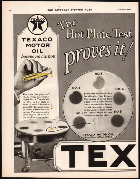 Vintage magazine ad TEXACO MOTOR OIL 1926 The Hot Plate Test Proves It 2 page