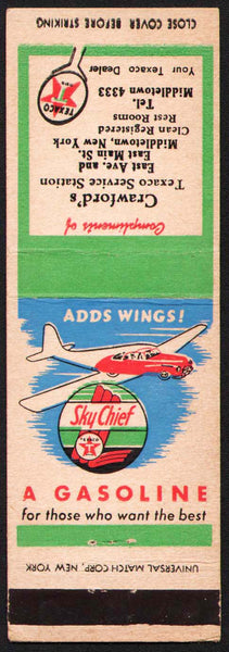 Vintage matchbook cover TEXACO Sky Chief gas oil Carwfords Station Middletown NY