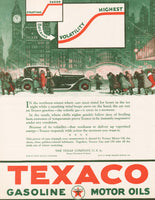 Vintage magazine ad TEXACO GASOLINE MOTOR OILS picturing wintry city scene 1924