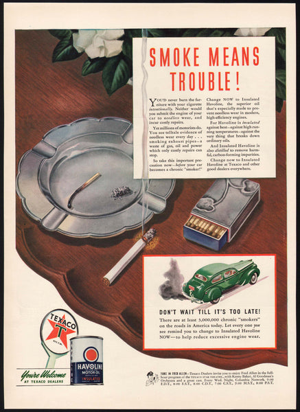 Vintage magazine ad TEXACO HAVOLINE MOTOR OIL 1941 Smoke Means Trouble featured